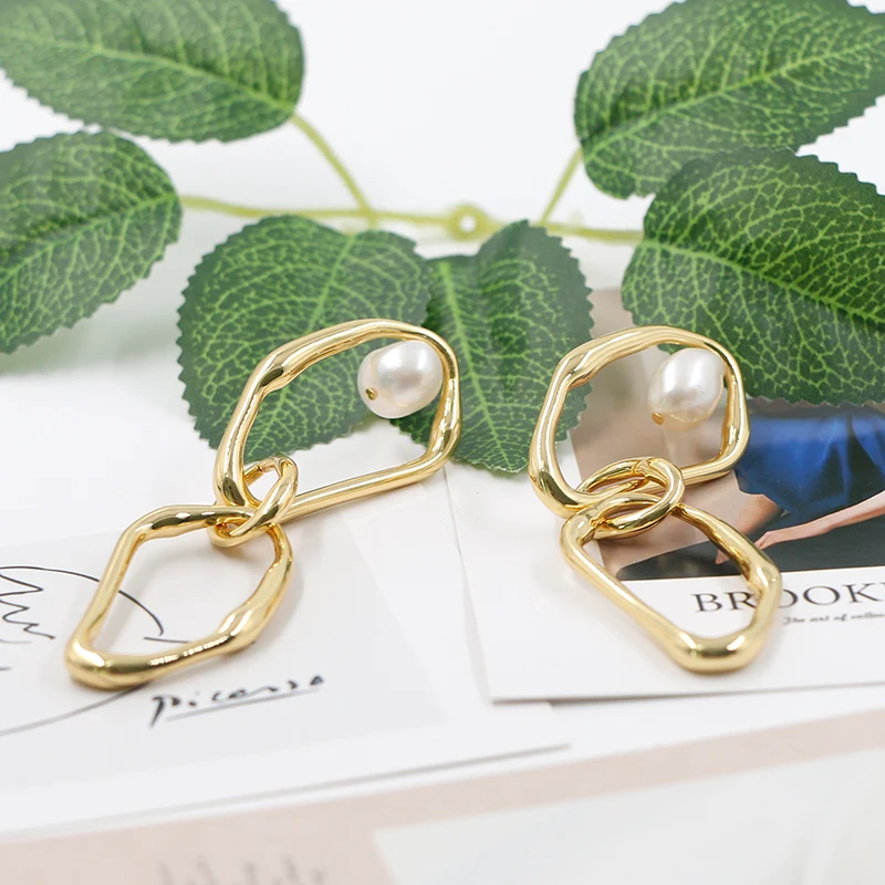 Double Brass Rings With Freshwater Pearl Earrings