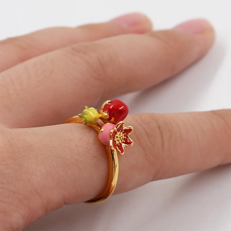 Enamel Flower in Red Pink Color Brass Ring with Gold Plated