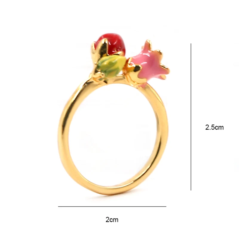 Enamel Flower in Red Pink Color Brass Ring with Gold Plated