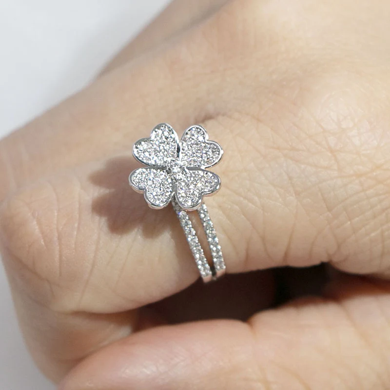 Silver Plated Four Leaf Clover Rotating Brass Ring